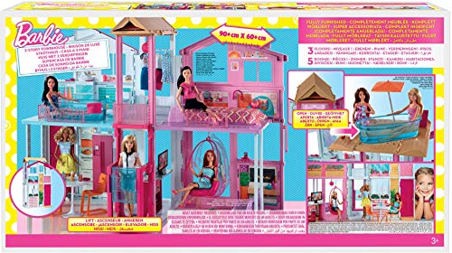 Barbie 3-Story Townhouse Dollhouse with Elevator, Swing Chair, Furniture and Accessories, Fold for Portability and Travel (Amazon Exclusive)