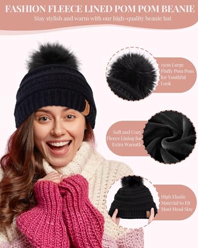 Womens Winter Beanie Hat Scarf Gloves Set, Cute Pom Pom Beanie with Warm Fleece Lined Long Knit Neck Scarf Touchscreen Gloves, 3 Piece Set for Cold Weather(Oatmeal)