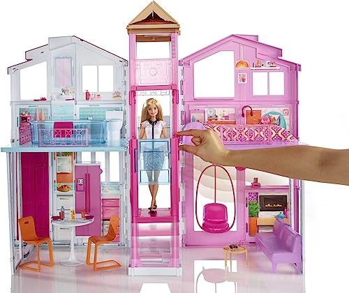 Barbie 3-Story Townhouse Dollhouse with Elevator, Swing Chair, Furniture and Accessories, Fold for Portability and Travel (Amazon Exclusive)