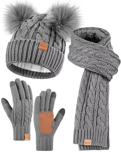 Winter Hat Scarf Glove Set for Women, Warm Fleece Lined Womens Beanie Hat with Double Pom Pom, Gloves with Touchscreen Fingers, Knit Scarf Neck Warmer for Cold Weather-Grey