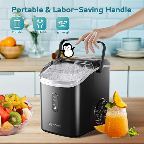 EUHOMY Nugget Ice Maker Countertop with Handle, Ready in 6 Mins, 34lbs/24H, Removable Top Cover, Auto-Cleaning, Portable Pebble Ice Maker with Basket and Scoop, for Home/Party/Camping. (Black)
