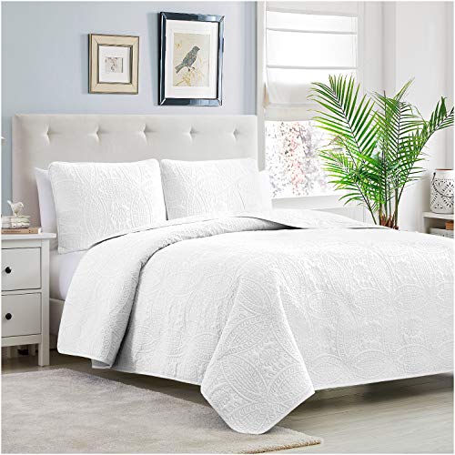 Mellanni Bedspread Coverlet Set - White Bedding Cover with Shams - Ultrasonic Quilting Technology - 3 Piece Oversized White Quilt King Size Set - Bedspreads & Coverlets (King, White)