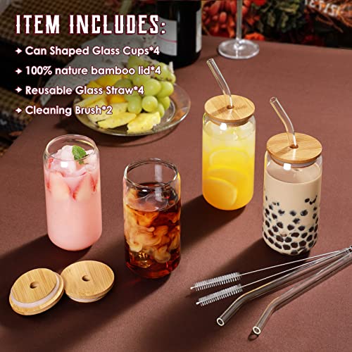Drinking Glasses with Bamboo Lids and Glass Straw 4pcs Set - 16oz Can Shaped Cups, Beer Glasses, Iced Coffee Cute Tumbler Cup, Ideal for Cocktail, Whiskey, Gift 2 Cleaning Brushes