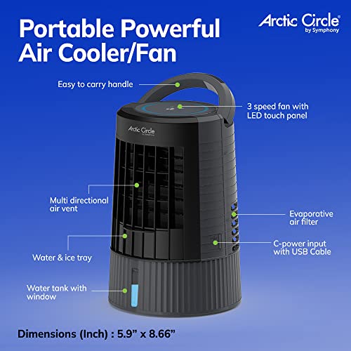 Arctic Circle Portable Air Conditioner Symphony Bonaire Portable Evaporative Air Cooler, USB Powered includes 6 ft USB-C cable, for Bedroom, Office, Camping, RV (Grey)