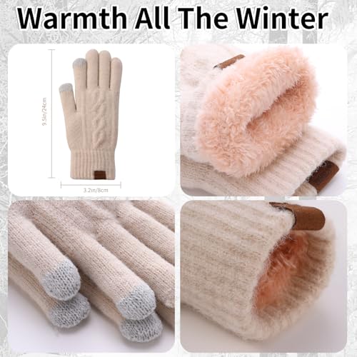 Womens Winter Beanie Hat Scarf and Gloves Set Girls Cable Beanies with Pompom Knitted Scarf Touch Screen Gloves Sets Ladies Beige Knit Thick Warm Soft Fleece Lined Thermal Cap
