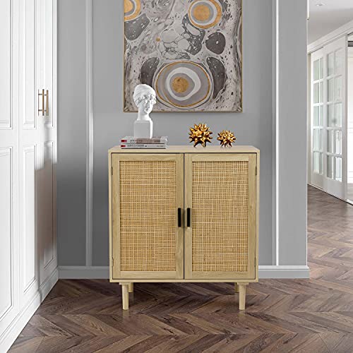 Finnhomy Sideboard Buffet Kitchen Storage Cabinet with Rattan Decorated Doors, Dining Room, Hallway, Cupboard Console Table, Liquor / Accent Cabinet, 31.5X 15.8X 34.6 Inches, Natural