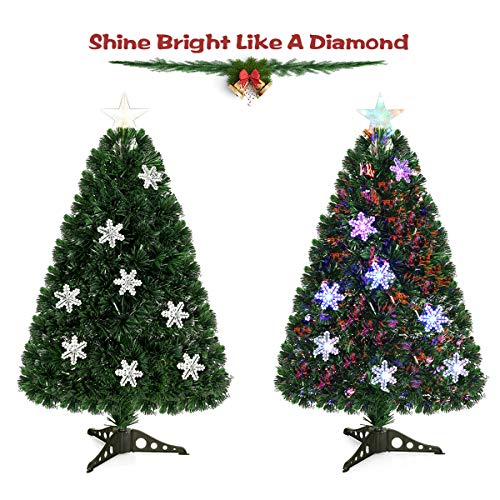 Goplus 3FT Pre-Lit Fiber Optic Artificial Christmas Tree, with Multicolor Led Lights and Snowflakes (3 FT)