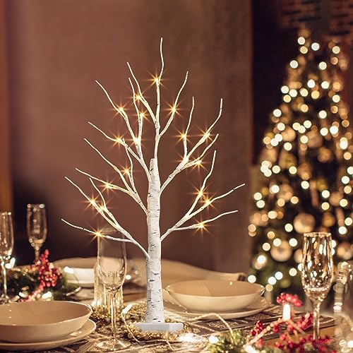 PEIDUO Christmas Decor, 2FT Birch Tree with LED Lights, Warm White Artificial Tree Lamp, Fairy Light Spirit Tree for Xmas Home Indoor Tabletop Centerpiece Decorations, Battery Powered, 6H/18H Timer