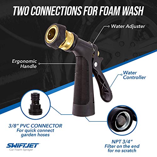 SwiftJet Car Wash Foam Gun + Microfiber Wash Mitt - Car Foam Sprayer - Foam Cannon Garden Hose - Spray Foam Gun Cleaner - Car Wash Kit - Car Accessories for Men - Snow Foam Blaster