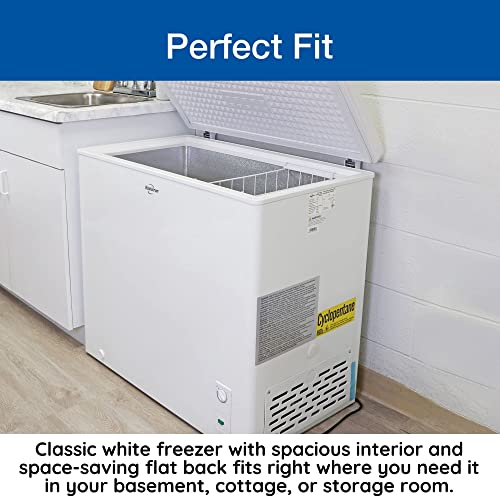 Koolatron Large Chest Freezer, 7.0 cu ft (195L), White, Manual Defrost Deep Freeze, Storage Basket, Space-Saving Flat Back, Stay-Open Lid, Front-Access Drain, for Basement, Laundry Room, Cottage