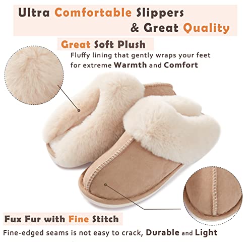 Donpapa Womens Slipper Memory Foam Fluffy Soft Warm Slip On House Slippers,Anti-Skid Cozy Plush for Indoor Outdoor Tan 8.5-9