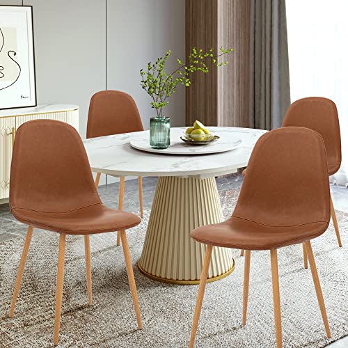 CangLong Washable PU Cushion Seat Back, Mid Century Metal Legs for Kitchen Dining Room Side Chair, Set of 4, Brown