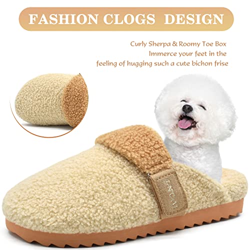 ONCAI Womens Fluffy Slippers,Cute Sherpa Faux Fur Scuff Garden Slip on House Slippers with Polar Fleece Lining Memory Foam Footbed and Indoor/Outdoor Rubber Hard Soles Beige US Size 7