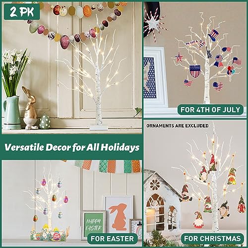 PEIDUO Christmas Decorations, 2FT Birch Tree with LED Lights, Warm White Light up Tree Lamp, Fairy Light Spirit Tree for Xmas Indoor Home Table Fireplace Decor, Battery Powered, 6H/18H Timer (2PK)