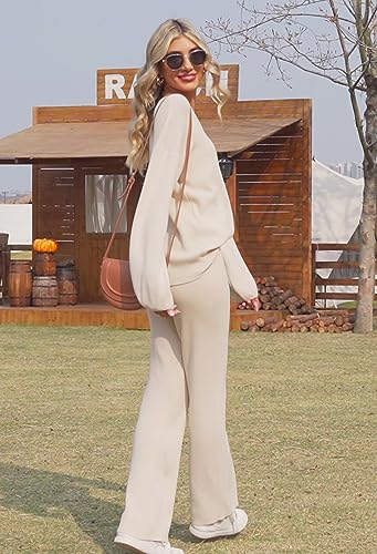 Viottiset Women's 2 Piece Outfits Casual V Neck Knit Wide Leg Sweater Lounge Set Sweatsuit Apricot Small