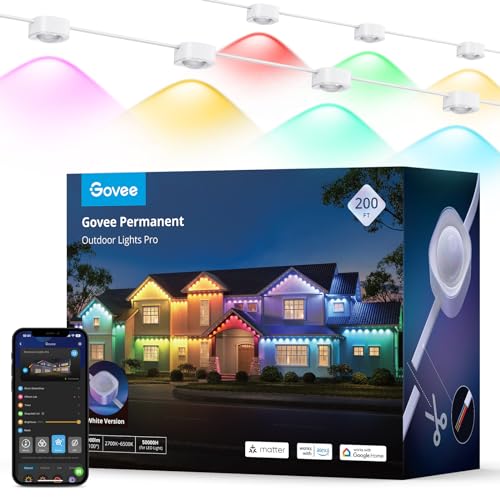 Govee Permanent Outdoor Lights Pro, 200ft with 120 RGBIC Warm Cold White LED Lights, 75 Scene Modes for Halloween, Christmas, IP67 Waterproof, Work with Alexa, Google Assistant, Matter, White Version