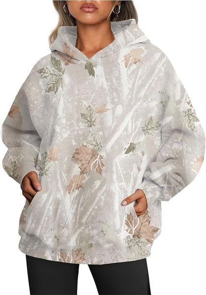 Women's Camo Hoodie Maple-Leaf Print Oversized Sweatshirt Fleece Hooded Sweatshirts with Pocket Classic Pullovers