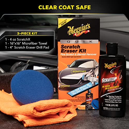 Meguiar's Quik Scratch Eraser Kit, Car Scratch Remover for Repairing Surface Blemishes, Car Care Kit with ScratchX, Drill-Mounted Pad, and Microfiber Towel, Multicolour