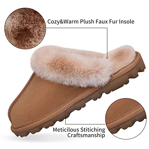 EZSURF Womens Fuzzy Outdoor House Slippers Super Soft Slip On Slippers Cozy Plush Faux Fur Scuff Indoor Fluffy Slipper Shoes Rubber Sole,Chestnut 9-10