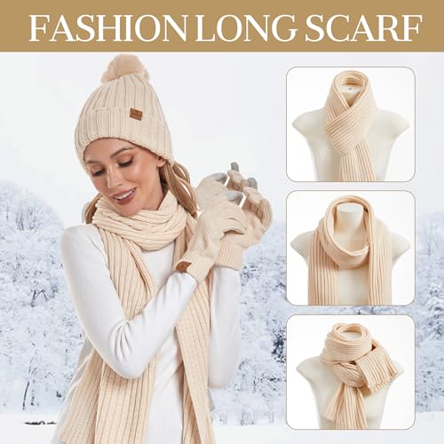 Coolprince Womens Winter Beanie Hat Long Scarf Touchscreen Gloves Set with Fleece Lined Warm Knit Beanie Cap with Pom Pom Neck Scarves Pink