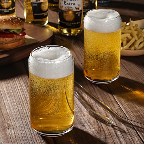 NETANY Drinking Glasses with Glass Straw 4pcs Set - 16oz Can Shaped Glass Cups for Beer, Iced Coffee, Tumbler Cup for Whiskey, Soda, Tea, Water, Gift - 2 Cleaning Brushes