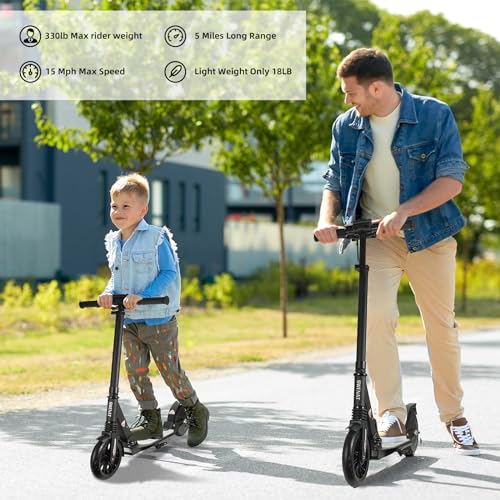 Electric Scooter for Kids and Adults, Max 5 Miles Range and 15 Mph Speed, 8" Solid Rubber Wheels Lightweight Electric Kick Scooter for Kids 8+