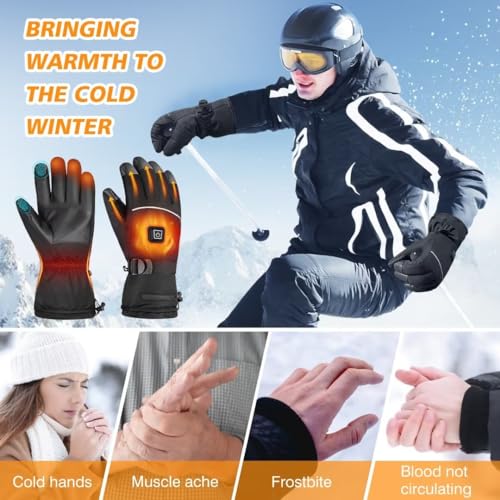 Heated Gloves for Men - Rechargeable Electric Battery Heated Gloves for Men and Women Touchscreen Winter Thermal Glove with 3 Heating Levels Waterproof Heated Gloves for Hunting Fishing Skiing Hiking