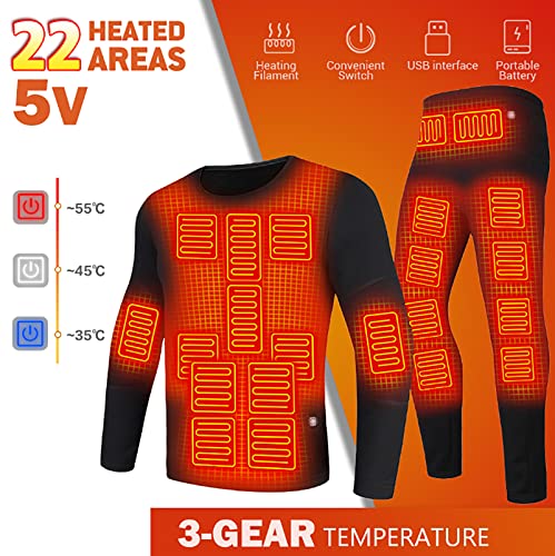 Winter Electric Heated Underwear Set Motorcycle Clothing Women Fleece Thermal Tops Pants 22 Area Ski Heating Body Suit,Black,L(Bust:88cm)