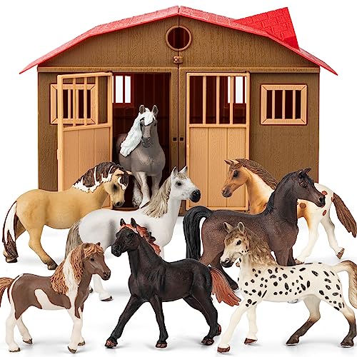 8 in 1 Horse Toy Set for Girl Age 6-12, 8 Pcs Realistic 5 inch Plastic Horse Figure with Horse Stable, Horse Toy Figurine Farm Animal Gift for Boy Toddler Kid Horse Birthday Party Decoration Supplies