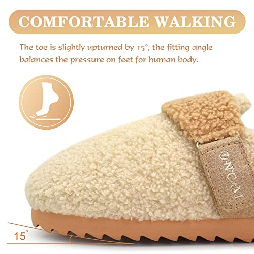 ONCAI Womens Fluffy Slippers,Cute Sherpa Faux Fur Scuff Garden Slip on House Slippers with Polar Fleece Lining Memory Foam Footbed and Indoor/Outdoor Rubber Hard Soles Beige US Size 7