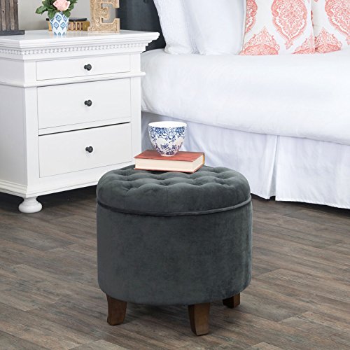 Homepop Home Decor | Upholstered Round Velvet Tufted Foot Rest Ottoman | Ottoman with Storage for Living Room & Bedroom | Decorative Home Furniture, Dark Gray Small