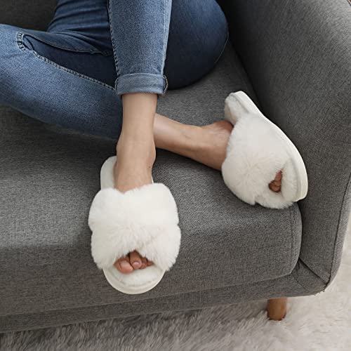 Evshine Women's Fuzzy Slippers Cross Band Memory Foam House Slippers Open Toe Indoor Outdoor Shoes, White, 38-39 (Size 7-8)