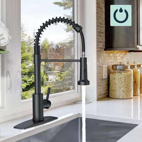 FORIOUS Black Kitchen Faucet, Kitchen Faucets with Pull Down Sprayer, Commercial Industrial Spring Pull Out Kitchen Sink Faucet, Single Handle High Arc Sink Faucets for Farmhouse Laundry Utility Room