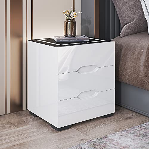 kepptory White Nightstand with Wireless Charging Station & Adjustable LED Lights, High Gloss End Table with 3 Drawers & USB Charging, Bedside Table Organizer for Bedroom Use