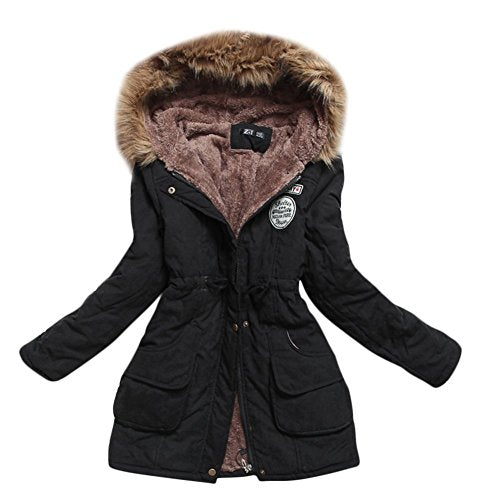 MEWOW Women's Winter Mid Length Hooded Cotton Padded Fleeced Coats Jackets (L, black)