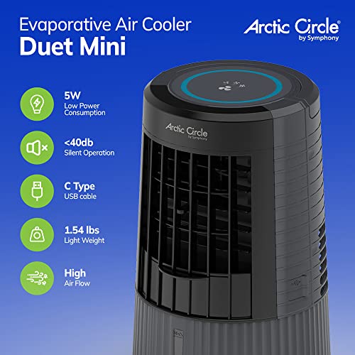 Arctic Circle Portable Air Conditioner Symphony Bonaire Portable Evaporative Air Cooler, USB Powered includes 6 ft USB-C cable, for Bedroom, Office, Camping, RV (Grey)