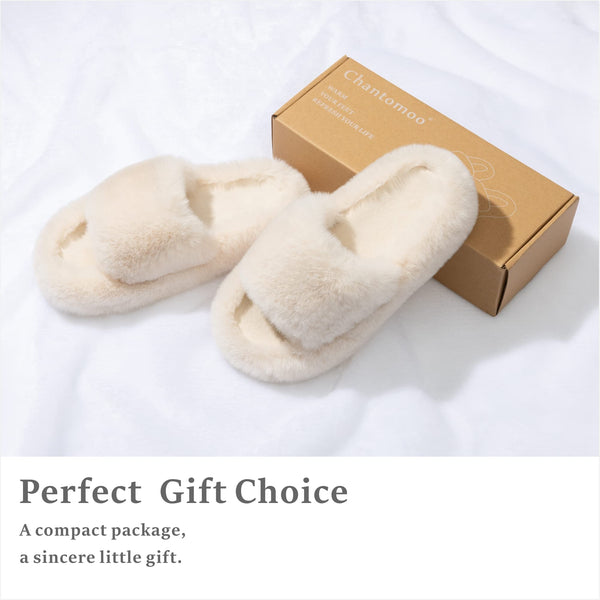Chantomoo Women's Slippers Memory Foam House Bedroom Slippers for Women Fuzzy Plush Comfy Faux Fur Lined Slide Shoes Anti-Skid Sole Trendy Gift Slippers Beige Size7 8 6.5
