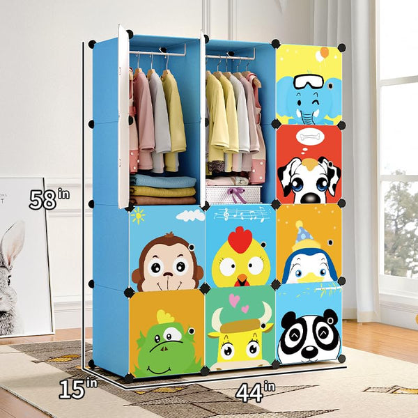 MAGINELS Kids Closet,Baby Wardrobe Closet with Door,Cute Portable Armoire Dresser,Clothes Hanging Storage Rack for Boy Bedroom,Blue,12 Cube(14x14inch)
