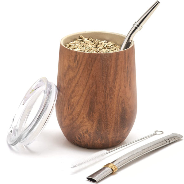 BALIBETOV 5 pcs large Yerba Mate Cup and Bombilla Kit, Includes one 12 oz Yerba Mate Gourd with Lid, Two Bombillas Mate Straw and one cleaning brush | Stainless steel | Double Walled
