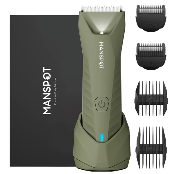 MANSPOT Manscape Trimmer for Men Ball/Pubic/Groin, Electric Body Hair Trimmer, Replaceable Ceramic Blade Heads,Waterproof for Wet/Dry Use,Standing Recharge Dock,90 Minutes Shaving After Charged(Green)