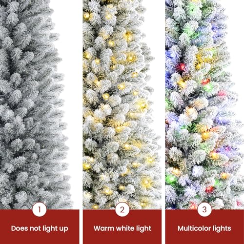 SHareconn 7.5ft Prelit Snow Flocked Artificial Holiday Christmas Tree with Remote, 470 Warm White & Multi-Color Lights, Full Snow Branch Tips for Home, Office, Party Decoration, 7.5 FT, White