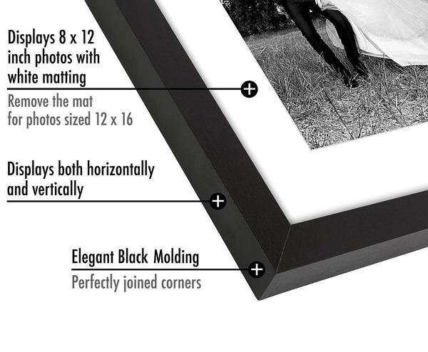 Americanflat 12x16 Picture Frame in Black - Use as 8x12 Picture Frame with Mat or 12x16 Frame Without Mat - Engineered Wood with Shatter Resistant Glass - Horizontal and Vertical Formats for Wall