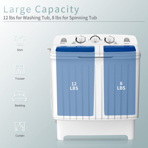 COSTWAY Portable Washing Machine, Twin Tub 20 Lbs Capacity, Washer(12 Lbs) and Spinner(8 Lbs), Durable Design, Timer Control, Compact Laundry Washer for RV, Apartments and Dorms, Blue+White