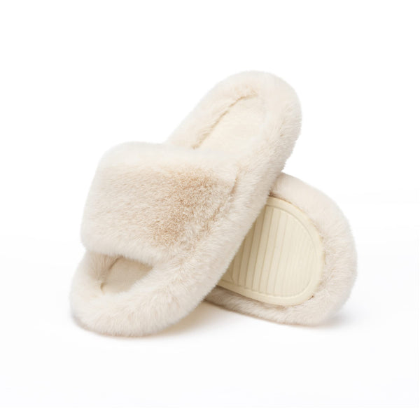 Chantomoo Women's Slippers Memory Foam House Bedroom Slippers for Women Fuzzy Plush Comfy Faux Fur Lined Slide Shoes Anti-Skid Sole Trendy Gift Slippers Beige Size7 8 6.5