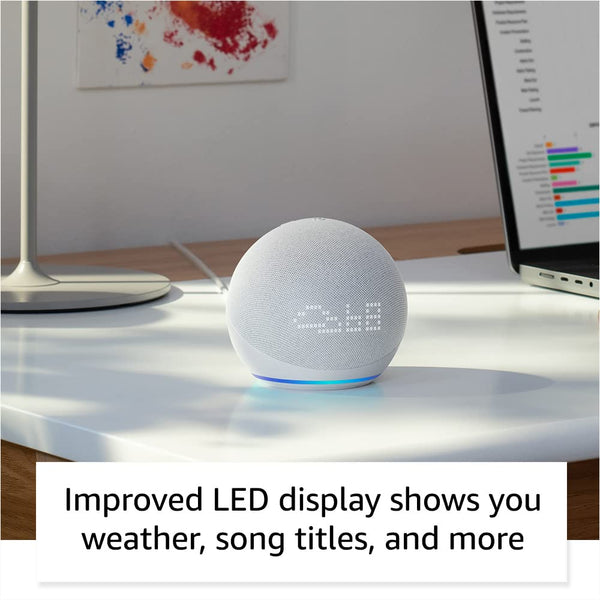 Amazon Echo Dot (5th Gen) with clock | Compact smart speaker with Alexa and enhanced LED display for at-a-glance clock, timers, weather, and more | Glacier White