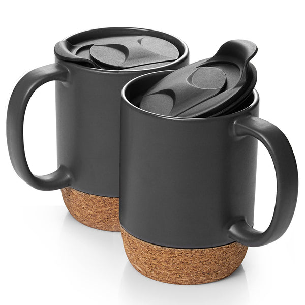 DOWAN Coffee Mugs, 15 oz Mug Set of 2 for Valentines Day Gifts, Large Ceramic Coffee Mug with Cork Bottom and Spill Proof Lid for Men Women, Big Mug for Coffee Latte Tea, Matte Grey