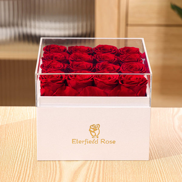 Eterfield Forever Flowers Preserved Flowers for Delivery Prime 16-Piece Red Roses That Last a Year for Mom Gifts for Her Valentines Day (Square White Box)