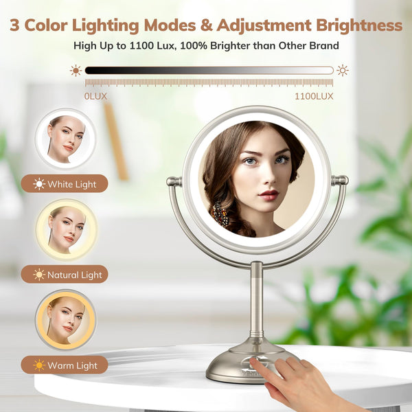 VESAUR Professional 8.5" Large Lighted Makeup Mirror Updated with 3 Color Lights, 1X/10X Magnifying Swivel Vanity Brightness Dimmable Cosmetic Mirror with 48 Premium LED Lights, Senior Pearl Nickel
