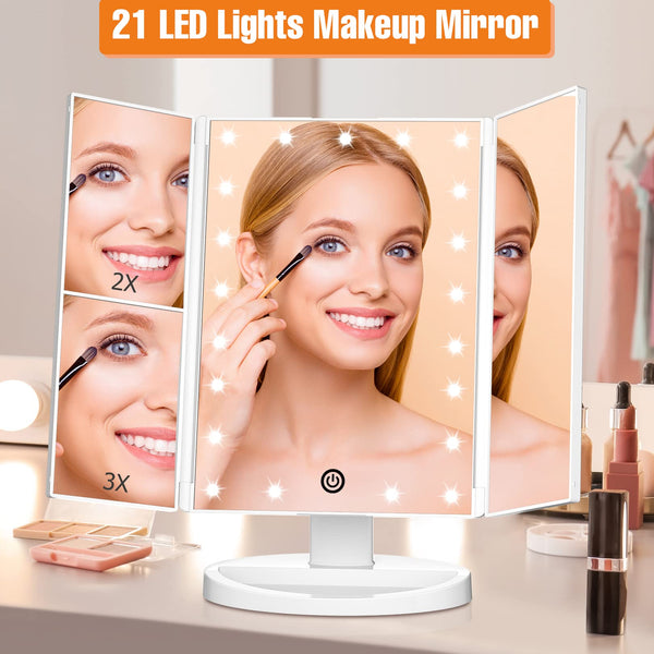 FASCINATE Trifold Vanity Mirror with Lights, Lighted Makeup Mirror 2X/3X Magnification, 21 LED Touch Dimming, Dual Power 180° Rotation Lit Beauty Table Mirror, Make up Mirror with Lighting