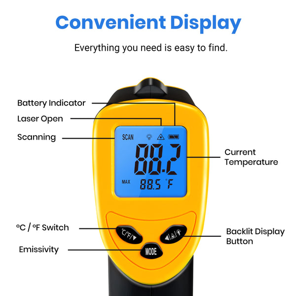 Etekcity Infrared Thermometer Temperature Gun for Cooking, -58°F to 1130°F, Digital Heat Gun for Meat Pizza Oven, Laser Tool for Indoor Outdoor Pool, Cooking, Candy, Griddle Hvac, Yellow